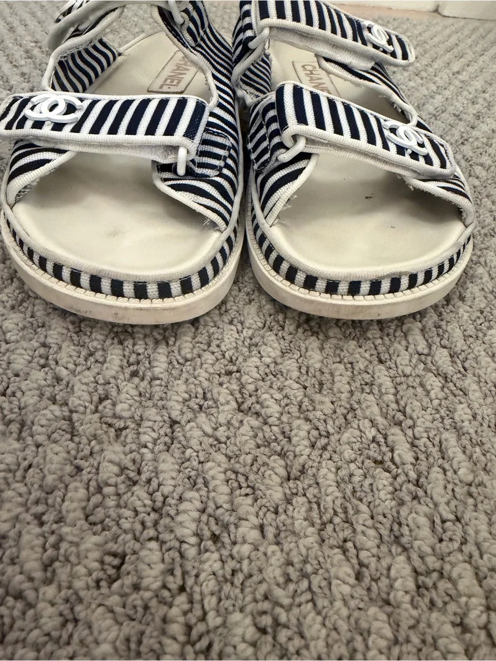 AUTHENTIC Chanel Blue/White Dad Flat Sandals Cloth Size 38C
